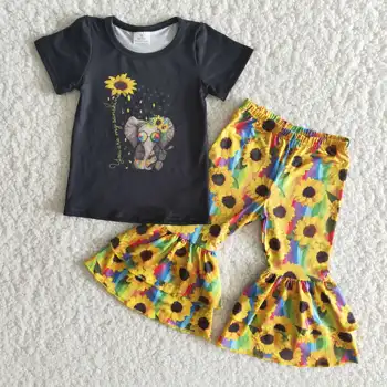 Nov Slog Otroci Nosijo Pomlad Obleko Živali Slon Print Majica Kratek Rokav Sončnično Zvonovi Hlače Dekliška Oblačila