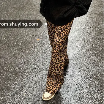 Novi korejski leopard tiskanja širok noge hlače visoko pasu ravne cevi priložnostne ohlapno, tanko pp hlače ženske modni sweatpants ženske
