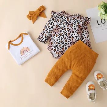 Otroci Dekliška Oblačila, Obleke, Modni Newborn Baby Oblačila Ruffles Romper Določa Leopard Natisnjeni Toplo Dolg Rokav Hlačni Kostim