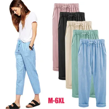 Plus velikost 6XL Poletje ženske hlače ženske imitacije bombaž in lan ohlapno, tanko oddelek hlače