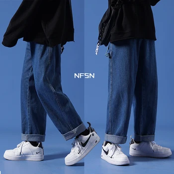 Plus Velikost Moških Korejski Fashoin Blue Jeans 2021 Letnik Naravnost Hlače Harajuku Kavbojke Vrečasta Širok Noge Jeans Visoke Kakovosti Traper Hlače