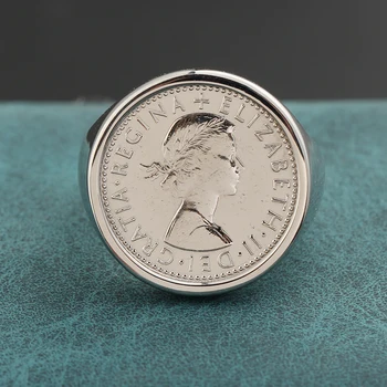 Pravi 925 Sterling Srebro Letnik Pečatni Izjavo Kraljica Elizabeta Sixpence Srečni Kovanec Spominek Obroči Za Moške, Ženske
