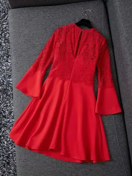Rdeča Črna Stranka Žensk Obleko 2020 Jeseni, Pozimi Moda za Ženske Votlih Iz Čipke, Vezenine Flare Rokav A-Line Princesa Obleko