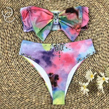 Seksi Bandeau Lok Ženske Kopalke 2 Kosa Okrasnih Bikini Komplet 2021 Visoko Pasu Tiskanja Kopalke Ženske Push Up Bather Novo Obleko