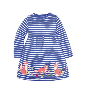 Skoki Metrov Dolg Rokav Punca Obleke Z Živalmi Aplicirano Prugasta Bombaž Princesa Obleko Otroci Obleke za Dekleta Oblačila Baby