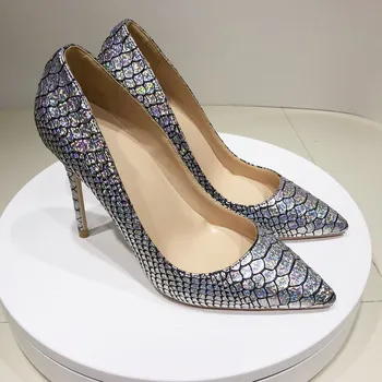 Srebro blagovna znamka modnih novo kača vzorec pokazal visoke pete lepe čevlje 12 cm visoke pete ženske stranka čevlji YG023 ROVICIYA