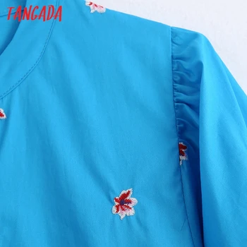 Tangada Ženske Vezenino Modra Midi Dress Vintage Puff Rokavi Ženske Priložnostne Obleke Vestidos BE841