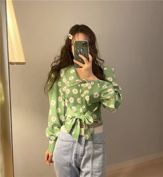 Tujec Kitty 2020 Pomlad Novo Korejsko Šifon Cvjetnim Tiskanja Bluzo Rokavi Ženske Puff Rokavi Ženske Urad Srajce Lady Bluzo Obleke