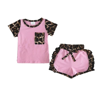 Visoka kakovost dekle roza barve t-shirt nastavite dekle ruffle design leopard vzorec poletno obleko otroci raglan rokavi in kratke hlače, oblačila