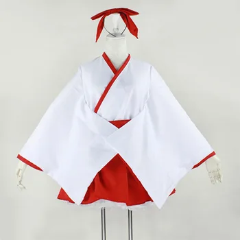 Vroče Prodajo Japonski Anime Priestess Kimono Cosplay Kostum Bela Rdeča Mozaik Kimono Obleka Za Halloween Kostum Z Pokrivala