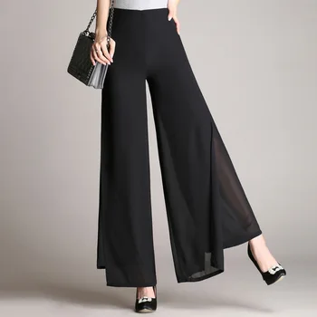 Vroče prodajo žensk poletje novo širok noge hlače visoko pasu dvojne plasti strani split šifon zadrgo ohlapno črno elegantno plesne hlače