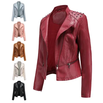 Zakovice Moto & Biker umetno usnje jakna ženske Zavoj navzdol Ovratnik črno roza punk gothic pu plašč