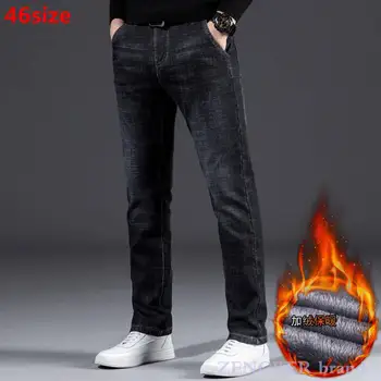 Črna plus velikost debele jeans za moške zimske naravnost svoboden prevelik tople hlače visoko pasu za moške črne hlače traper kavbojke