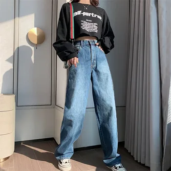Ženska Jeans Visoko Pasu Oblačila Širok Noge Jeansa, Oblačila Modra Ulične Letnik Kakovosti 2020 Moda Harajuku Naravnost Hlače