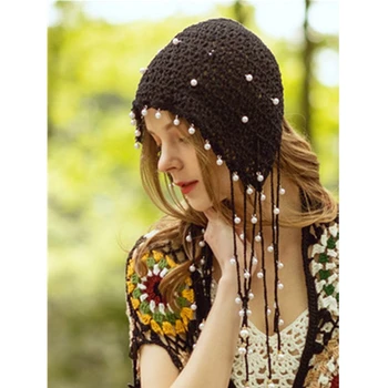 Ženske pletene klobuk pomlad poletje ročno izdelani votli kapa kapa etnične retro slogu klobuk tassel princesa skp