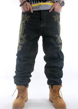 2019 Novo Črno mens hip hop zlato vezenje svoboden vrečasta slog fant traper hlače moške jeans hlače plus size30-46