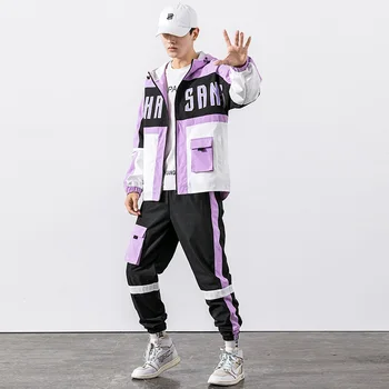 2020 Hip Hop delovna oblačila jakno Mens Trenirko Suknjič+Hlače 2PC Določa baseball svoboden Zadrgo Trakovi Plašč & Dolge Hlače Mens Oblačila