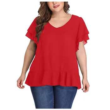 2020 Novo Bluze Za Ženske Vrh Trdna Plus Velikost Kratek Rokav V Neck Majica Ruffle Rokav Bluzo Vrhovi Plus Velikost Bluzo Femme Oblačila