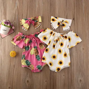 2020 Poletnih Oblačil Jumpsuit Newborn Baby Dekle Cvet Obleke Off Ramen, Obleka, Naglavni Trak Ananas Sončnično Obleke Set