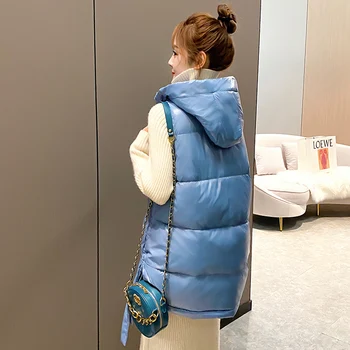 2020 Zimske Ženske Dolgo Telovnik Sijoče Trdna Hooded brez Rokavov Suknjič Plus Velikost Stojala za Ovratnik Bombaž Debel Oblazinjeni Priložnostne Outwear