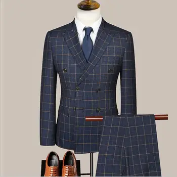 2021 klasična modra kariran poroka obleke za moške formalno obleko slim fit 2 kos tuxed poslovni človek jopič Stranka Maturantski jakna telovnik hlače