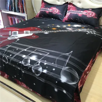 3D Moda, Glasba ugotavlja posteljnina nastavite črno rdeče kitara odeja rjuhe kritje polno kraljica velikosti dvakrat bedspread listi posteljo prevleke 25