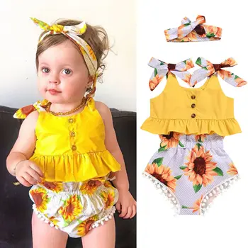 3PCS 2020 Poletje Malčka Otroci Baby Dekleta Ruffle Crop Tops Sončnično Hlače Glavo, Obleko Set