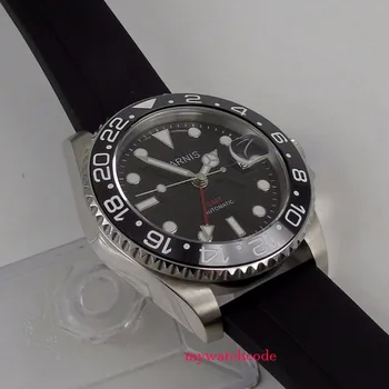 40 mm Parnis črna številčnica, Safirno steklo gume trak rdeče GMT samodejno mens watch