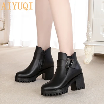 AIYUQI 2020 črni škornji ženske na platformi pozimi pravega usnja sneg škornji pete luksuzni volne škornji ženske
