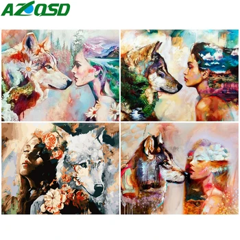 AZQSD Olje, Barvanje Z Številkami Volk Dekle DIY Pisane Barve, Ročno izdelan Darilni Unframe Risbe S Številke, Živali Domov Dekoracijo