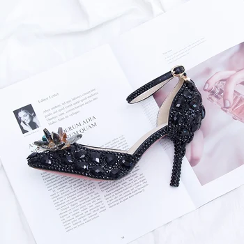 BaoYaFang 2019 NOVO PRISPELI Black Crystal Poročni čevlji Ženska Tanke pete konicami prstov Poročne Stranka obleko čevlje velik obseg Čevlji