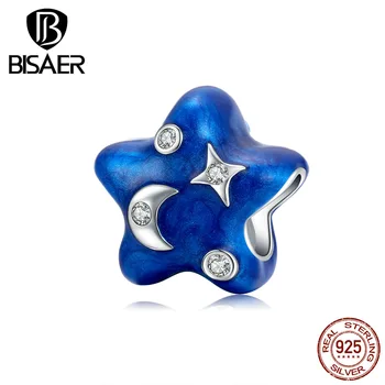 BISAER Star Kroglice 925 Sterling Srebro Modrega Emajla Luna Star čarobne gumbe za Zapestnico, zaradi Česar Prvotno Ženske, Nakit HVC178