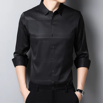 BROWON Moški Majica Črne Barve, Dolg Rokav (Zavoj navzdol Ovratnik Kariran Celoten Poslovni Slim Fit Priložnostne Srajce, Moške Obleke 2020