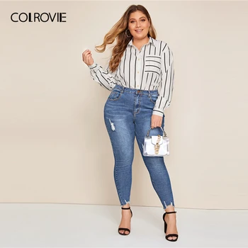 COLROVIE Plus Raztrgala Pohaban Rob Skinny Kavbojke Ženske 2019 Jeseni Gumb Letenje Blue Jeans Priložnostne Ženske Stretchy Traper Hlače