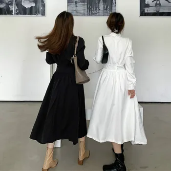 Dolg Rokav Obleka Ženske Elegantno Preprost Elegantna Padec Korejski Moda Urad Dama Oblačila Retro Črno Svoboden Imperij Ženske Obleke, Dodatki