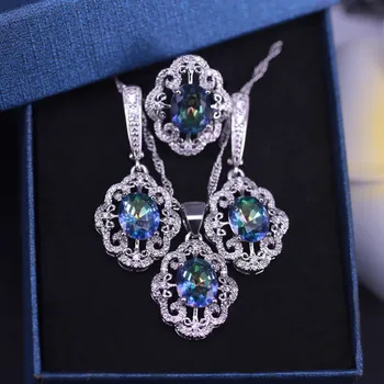Dubaj luksuznem slogu mavrice CZ Srebrne Barve, Nakit, uhani, ogrlica, prstan set za ženske najboljši želijo darilo za ženske