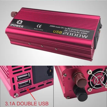 Dvojno USB 2000Watt Za Domov/Izlet Spremenjen Sine Wave DC12V na AC 220V Prenosni Avto Polnilec Pretvornik Napajalnik Power Inverter(Rdeča)