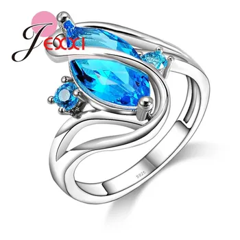 Edinstveno Modro Kubičnih Cirkonij 925 Sterling Silver Obroči Luksuzni Kamen za Ženske Poročni Nakit Anel Feminino