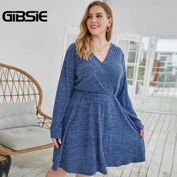 GIBSIE Plus Velikost Elegantno Surplice Vratu Dolg Rokav A-line Oblačenja Žensk Trdnih Visoko Pasu Midi Obleke, Casual 2020 Jesen Zima