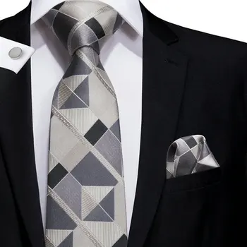 Hi-Kravato za Moške Kravato Niz Luksuzni Svile Siva Kariran Velike Neckties Za Moške, Modni Dizajn Hanky zapestne gumbe Set Poroko Kakovosti