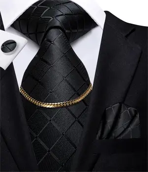 Hi-Tie Business Black Luxury Kariran Mens Kravato Svile Nickties Modno Kravato Verige Hanky Zapestne Gumbe, Set Design, Darilo Za Moške Poročne
