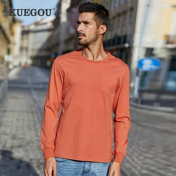 KUEGOU bombaža moška T-shirt majica dolg rokav jeseni tshirt Žep dekoracijo postane oddaljena zgornje oblačilo top plus velikost ZT-88036