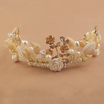 Le Liin morska deklica Glavo Pearl Lupini Krono za Družico Plaži, Poročni Dodatki za Lase Poročne Seashell Tiara Maturantski naglavni del