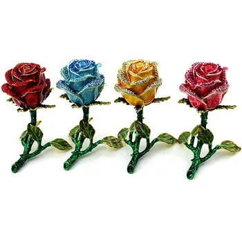 Luksuzni Zlitine Emajl Stereoskopski Rose Cvet Nakit Darilo Polje Ogrlica Prstani Uhani Škatle Darila Paket Kovčkov 4 Barve