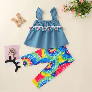 Malčke dekliška oblačila določa Baby Kidas Rese Suspender Denim Vrhovi+Rainbow Tie-Barvane Hlače, Obleke mavrica Tiskanje Priložnostne Dekleta