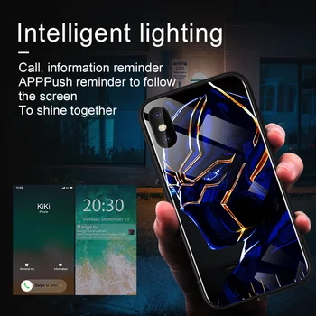 Marvel Iron Man Primeru Za iPhone XS MAX XR X 6 7 8 6S Plus Klic prižgejo LED Bliskavico Opomnik Dohodne Svetlobna steklen Pokrov Panther