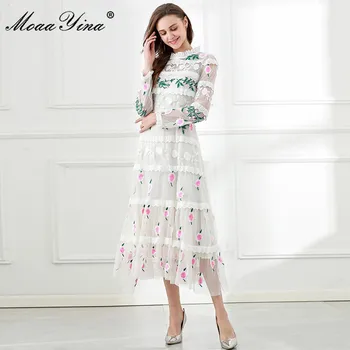 MoaaYina Modni Oblikovalec obleko Poletje Ženske obleke z Dolgimi rokavi Očesa Vezenje Kaskadne Ruffle Elegantna Počitnice Slim Obleke