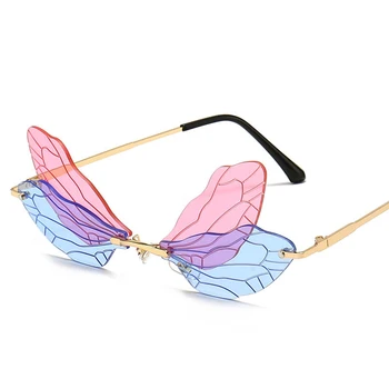 Moda Rimless Dragonfly Krilo Sončna Očala Ženske Letnik Dvojni Barve Krila Sončna Očala Moških Jasno Ocean Leče Za Očala Roza Rumena