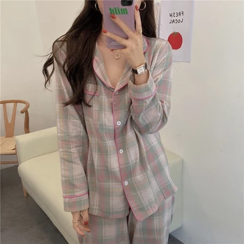 Nekaj bombaž perilo kariran sleepwear ženske karirasti dolg rokav korejski slog priložnostne pižamo nastavite moških trundown domov oblačila L170