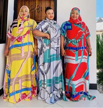 Nov Slog Afriške Ohlapne Obleke, Ženske Dashiki Nigerija Moda SVILE Materiala Z Šal Tiskanja Dolgo Obleko Brezplačno Velikost
